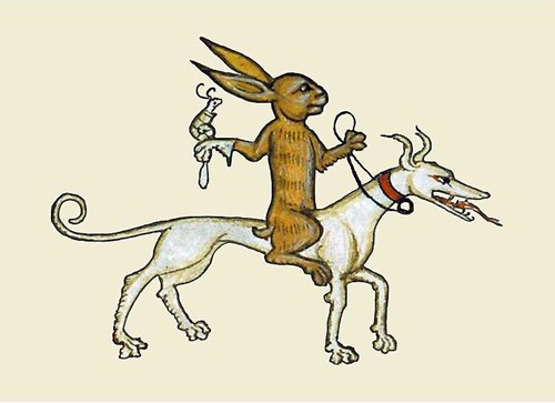 A hare riding a hound with a snail friend…
